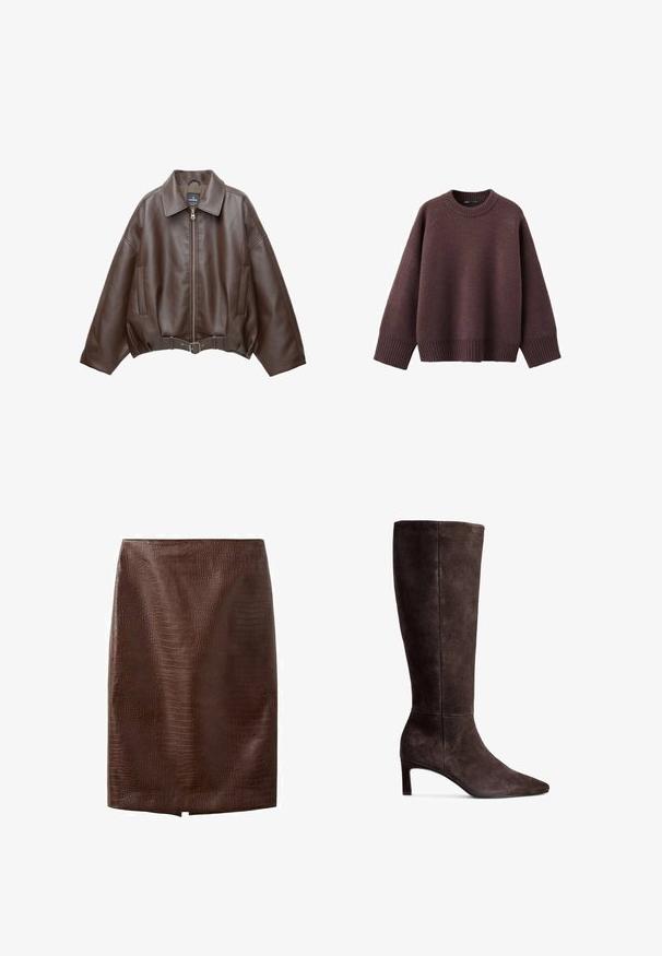 Brun kort jakke i imiteret læder med bred krave, lynlås foran, sidelommer og bælte i taljen. Glat tekstur, afslappet pasform.; Løs pasform sweater i mørk bordeaux, lavet af blødt strikket stof. Har en ribstrikket rund hals, vide ærmer og en ribstrikket kant.; Mørkebrun blyantskørt i kunstigt krokodilleskind med en lille frontslids ved kanten, knælængde, uden synlige lukninger eller pynt.; Brune ruskinds knæhøje støvler med spids tå og 3-tommer hæl. Glat tekstur, slank silhuet og minimalistisk design.