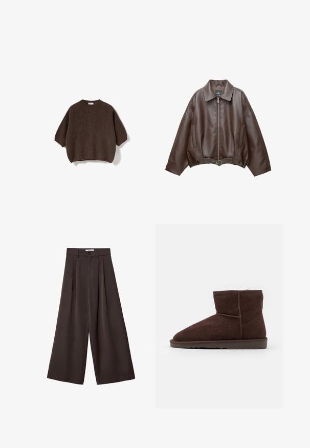 Braune, kurz geschnittene Jacke aus Kunstleder mit weitem Kragen, vorderem Reißverschluss, Seitentaschen und einem Taillengürtel. Glatte Textur, entspannte Passform.; Brauner gestrickter Pullover mit rundem Ausschnitt, überschnittenen Schultern und lockerer Passform. Die Textur wirkt weich und leicht flauschig.; Dunkelbraune, weit geschnittene Hosen mit vorderen Falten, einem Knopfverschluss und Gürtelschlaufen, vor weißem Hintergrund dargestellt.; Braune Wildleder-Stiefeletten mit runder Zehenpartie und weicher Innenauskleidung, ausgestattet mit einer flachen Gummisohle und tonalen Steppnähten.