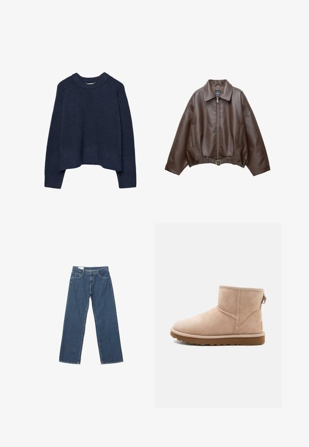Veste courte en similicuir marron avec un large col, une fermeture éclair frontale, des poches latérales et une taille ceinturée. Texture lisse, coupe décontractée.; Pull en tricot bleu marine avec un col rond, un ourlet côtelé et des manches raglan. Confectionné dans une texture douce pour le confort et la chaleur.; Pantalon en denim bleu avec des fines rayures blanches verticales, poches avant, passants de ceinture et fermeture par bouton, posé à plat sur un fond blanc.; Bottine en daim beige à bout arrondi, avec des accents cousus et une semelle en caoutchouc brun texturé. Elle se distingue par une languette à l'arrière.