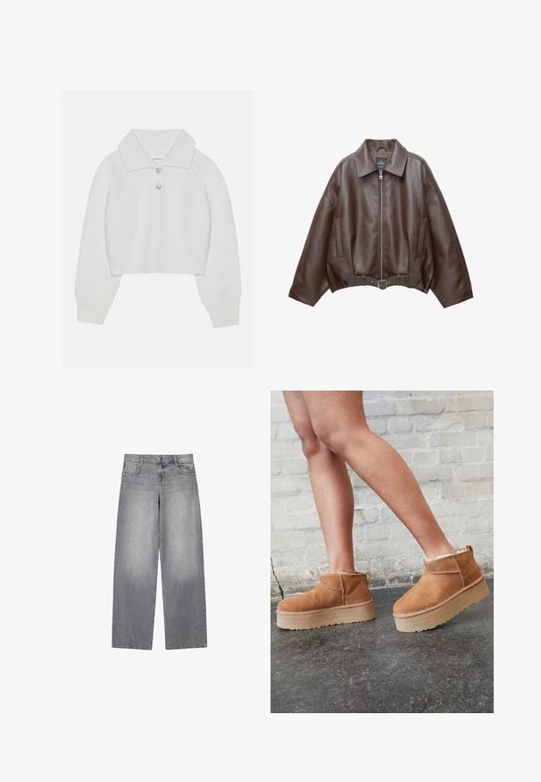 Bruine jack van imitatieleer, kort model, met een brede kraag, ritssluiting aan de voorkant, zijzakken en een tailleband met ceintuur. Gladde textuur, ontspannen pasvorm.; Witte cropped sweater met een geribbelde textuur, grote kraag en drie decoratieve knopen bij de halslijn. Lange mouwen met geribbelde boorden.; Wijduitlopende grijze denim jeans met een licht vervaagde afwerking, voorzien van vijf zakken, een knoopsluiting aan de voorkant en lussen voor een riem.; Bruine suède enkelboots met een zachte voering, dikke beige plateauzool en een achterste lus. Getextureerde oppervlakte met zichtbare stiksels.