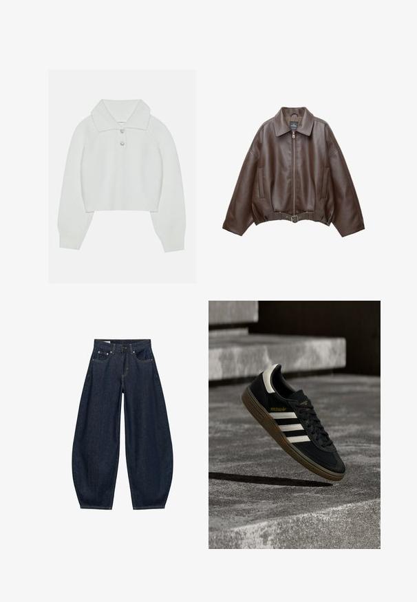 Veste courte en similicuir marron avec un large col, une fermeture éclair frontale, des poches latérales et une taille ceinturée. Texture lisse, coupe décontractée.; Pull blanc court avec une texture côtelée, grand col et trois boutons décoratifs au niveau du col. Manches longues avec des poignets côtelés.; Jean en denim bleu foncé à jambes larges avec poches avant, passants de ceinture et fermeture par bouton à la taille.; Baskets Adidas noires avec des bandes blanches et une semelle en gomme flottant au-dessus d'escaliers en béton gris sous une lumière naturelle.