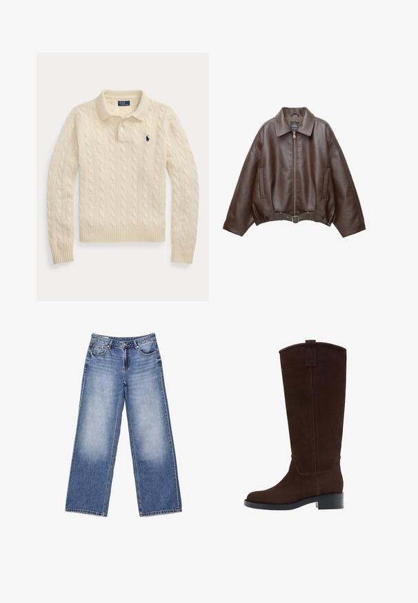 Braune, kurz geschnittene Jacke aus Kunstleder mit weitem Kragen, vorderem Reißverschluss, Seitentaschen und einem Taillengürtel. Glatte Textur, entspannte Passform.; Cremefarbener, kabelgestrickter Langarm-Polopullover mit gerippten Bündchen und Saum, mit einem dunkelblau bestickten Logo auf der Brust.; Hellblaue Denim-Jeans mit weitem Bein, Fronttaschen, Gürtelschlaufen, Knopfverschluss und dezentem Verblassen an den vorderen Oberschenkeln.; Hoher dunkelbrauner Stiefel aus Wildleder mit niedrigem gestapeltem Absatz und rundspitziger Zehenpartie, ausgestattet mit einer Zugschlaufe oben am Schaft.