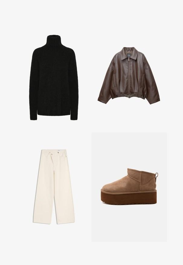 Veste courte en similicuir marron avec un large col, une fermeture éclair frontale, des poches latérales et une taille ceinturée. Texture lisse, coupe décontractée.; Pull à col roulé noir en matière douce et texturée; coupe ample avec col et poignets côtelés. Manches longues et sans motifs visibles.; Pantalon large couleur écru avec poches avant, passants pour ceinture, et boutons argentés sur la ceinture et les bords des poches.; Bottine marron en daim de hauteur moyenne, style slip-on, avec une semelle épaisse compensée et un onglet à l’arrière sur fond clair.