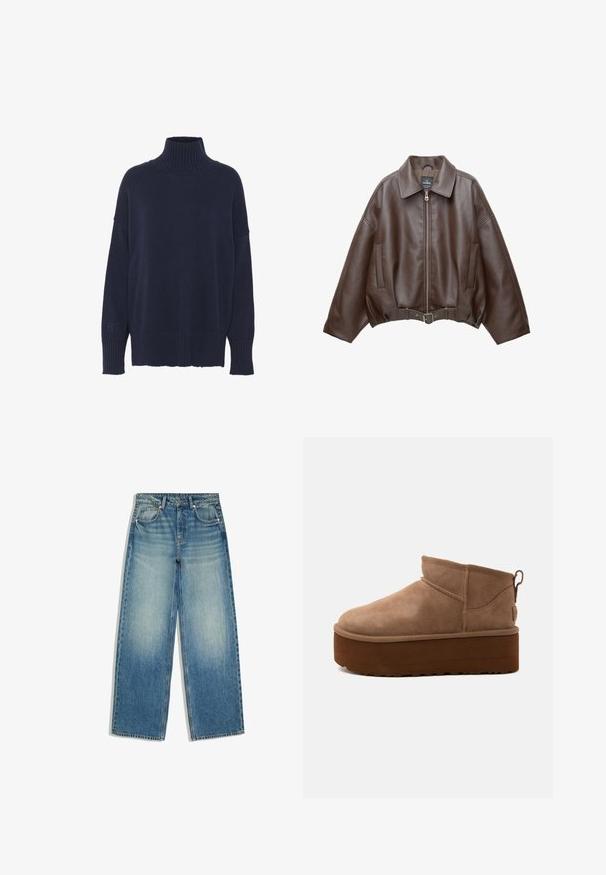 Brun kort jakke i imiteret læder med bred krave, lynlås foran, sidelommer og bælte i taljen. Glat tekstur, afslappet pasform.; Marineblå turtleneck sweater lavet af strikstof, med en afslappet pasform, ribbede manchetter og et diskret broderet logo på ærmet.; Blå jeans med vid ben, falmet front, fem-lomme design, bæltestropper og knaplukning.; Mellemstore brune ruskind slip-on støvler med tyk platformsål og trækflig bagpå mod lys baggrund.