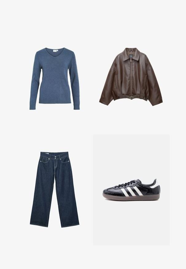 Brun kort jakke i imiteret læder med bred krave, lynlås foran, sidelommer og bælte i taljen. Glat tekstur, afslappet pasform.; Blå v-hals sweater lavet af et blødt strikket stof. Har lange ærmer og ribkant forneden. Enkel design uden ekstra mønstre eller detaljer.; Mørkeblå vidde jeans i denim med dobbelt knaplukning, forlommer og kontrastsyning på hvid baggrund.; Lavprofils sort sneaker med tekstureret slangeskindsmønster, hvide striber på siden, sorte snørebånd og en gennemsigtig brun sål.