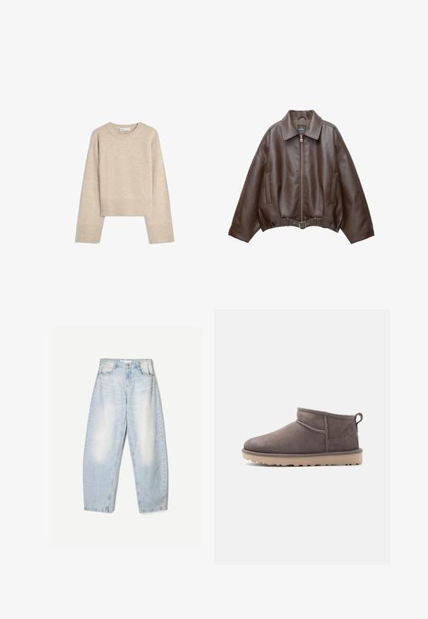 Bruine jack van imitatieleer, kort model, met een brede kraag, ritssluiting aan de voorkant, zijzakken en een tailleband met ceintuur. Gladde textuur, ontspannen pasvorm.; Beige cropped sweater gemaakt van zacht breimateriaal. Heeft een ronde halslijn, lange mouwen en geribde boorden en onderkant voor extra textuur.; Lichtblauwe denim jeans met een losse pasvorm, voorzien van een vervaagde afwerking, twee voorzakken en een knoopsluiting bij de taille.; Lage, bruin suède instapschoen met een textuurrijke zool en trekkoord op een effen achtergrond.