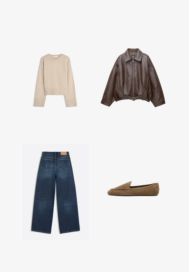 Brun kort jakke i imiteret læder med bred krave, lynlås foran, sidelommer og bælte i taljen. Glat tekstur, afslappet pasform.; Beige cropped sweater lavet af blød strik. Har rund halsudskæring, lange ærmer samt ribbede manchetter og kant for ekstra tekstur.; Mørkeblå vidbenede denimjeans med to baglommer og et brunt læderbrandmærke i linningen.; Brun ruskind slip-on loafer med lav hæl og rundet tå, sideudsigt på hvid baggrund.