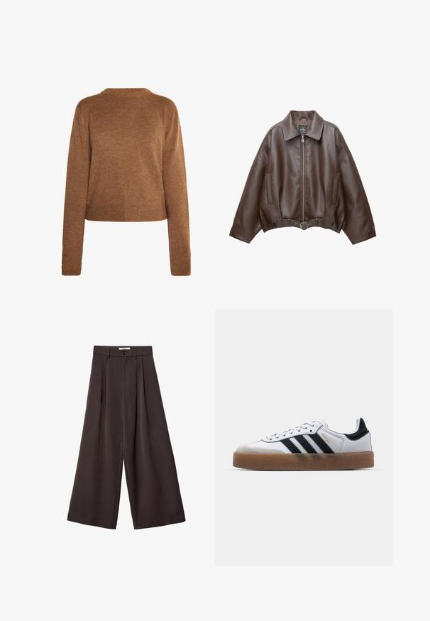 Brun kort jakke i imiteret læder med bred krave, lynlås foran, sidelommer og bælte i taljen. Glat tekstur, afslappet pasform.; Brun strikket sweater med lange ærmer, en rund halsudskæring og en kortet kant. Blød tekstur, minimalistisk design og ingen synlige mønstre.; Bukser med vidde i mørkebrun stof, med plisseringer, knaplukning og en glat tekstur; ankel-længde med et skræddersyet design.; Hvide lædersneakers med sorte striber, gummirubber sål, rund tå, snørelukning og blød grå ruskinds tåhætte.