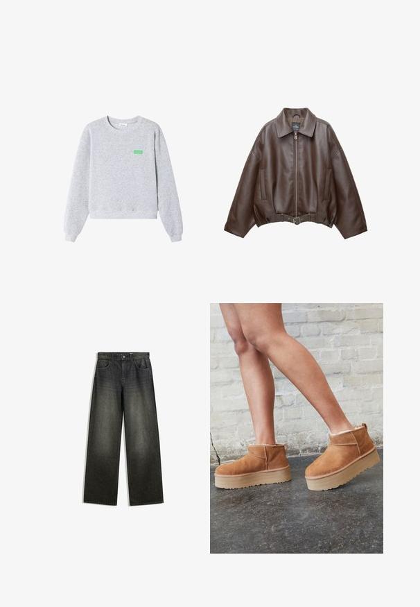 Veste courte en similicuir marron avec un large col, une fermeture éclair frontale, des poches latérales et une taille ceinturée. Texture lisse, coupe décontractée.; Sweat-shirt gris clair à col rond avec manches longues, poignets et ourlet côtelés, et petit texte vert "American Vintage" sur la poitrine gauche.; Jeans évasés en denim gris foncé avec une finition délavée, un design à cinq poches et une fermeture à bouton à la taille.; Bottines en suède marron avec une doublure en peluche, semelle épaisse en beige et une poignée à l'arrière. Surface texturée avec des détails de couture visibles.
