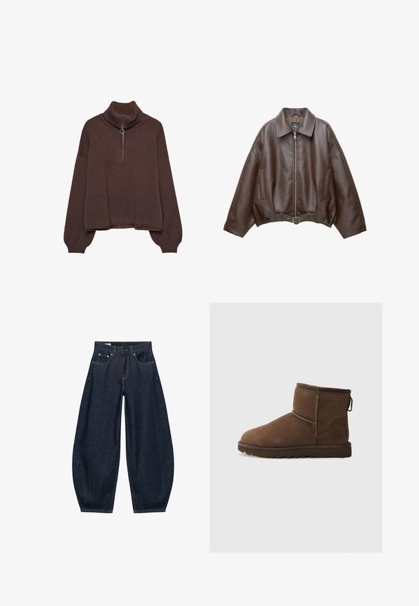 Brun kort jakke i imiteret læder med bred krave, lynlås foran, sidelommer og bælte i taljen. Glat tekstur, afslappet pasform.; Brun pullover sweater med høj ribstrik krave, lynlås lukning, løs pasform og sænkede skuldre. Fremstillet af blødt strikmateriale.; Mørkeblå vidde jeans med frontlommer, bæltestropper og knaplukning i taljen.; UGG CLASSIC MINI II - Vinterstøvler - dusted cocoa