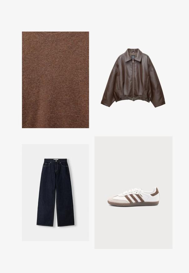 Veste courte en similicuir marron avec un large col, une fermeture éclair frontale, des poches latérales et une taille ceinturée. Texture lisse, coupe décontractée.; Pull marron en laine tricotée avec encolure ras du cou côtelée et tissu à texture douce.; Jean large en denim bleu foncé à taille haute, avec cinq poches, des coutures contrastées et des éléments en métal argenté. Texture lisse et finition soignée.; Baskets Adidas Samba blanches avec des bandes en daim marron, semelle en caoutchouc marron et bout en daim beige, vues du côté extérieur sur un fond uni.