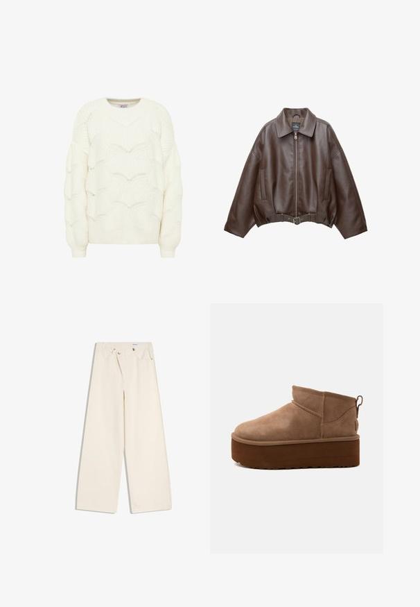 Veste courte en similicuir marron avec un large col, une fermeture éclair frontale, des poches latérales et une taille ceinturée. Texture lisse, coupe décontractée.; Pull en tricot couleur crème avec un motif de vagues texturé. Il présente un col rond et des manches longues avec des poignets côtelés.; Pantalon large couleur écru avec poches avant, passants pour ceinture, et boutons argentés sur la ceinture et les bords des poches.; Bottine marron en daim de hauteur moyenne, style slip-on, avec une semelle épaisse compensée et un onglet à l’arrière sur fond clair.