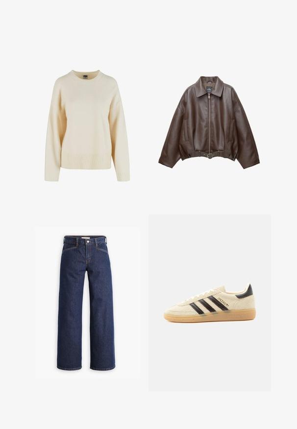 Veste courte en similicuir marron avec un large col, une fermeture éclair frontale, des poches latérales et une taille ceinturée. Texture lisse, coupe décontractée.; Pull en crème en tissu doux, avec un ourlet et des poignets côtelés, un col rond et une coupe décontractée avec des épaules tombantes.; Jeans en denim bleu marine avec taille haute, coupe large et broderies orange discrètes. Comprend une fermeture par bouton et zip à l'avant.; Baskets en daim crème avec des rayures noires, semelle en gomme, languette noire au talon et texte doré "SPEZIAL" sur le côté.
