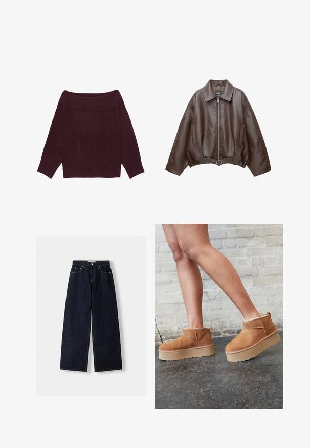 Brun kort jakke i imiteret læder med bred krave, lynlås foran, sidelommer og bælte i taljen. Glat tekstur, afslappet pasform.; Off-shoulder langærmet sweater i mørk bordeauxstrik med ribbet krave, manchetter og kant.; Mørkeblå denim wide-leg jeans med høj talje, fem lommer, kontraststing og sølvfarvet metalbeslag. Glat overflade og pæn finish.; Brune ruskinds ankelsko med en blød foring, tyk beige plattformsål og en bageste løkke. Tekstureret overflade med synlige sømdetaljer.