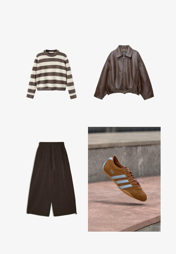 Veste courte en similicuir marron avec un large col, une fermeture éclair frontale, des poches latérales et une taille ceinturée. Texture lisse, coupe décontractée.; Pull-over rayé crème et marron foncé. Col rond côtelé, manches longues et ourlet court. Texture douce avec une coupe décontractée.; Pantalon large marron foncé avec taille élastique, cordon de serrage, poches latérales et longueur raccourcie à la cheville.; Baskets en daim marron avec des rayures bleu clair, design à lacets et semelle en caoutchouc. Présentent un logo sur le côté avec une forme de bout arrondi.