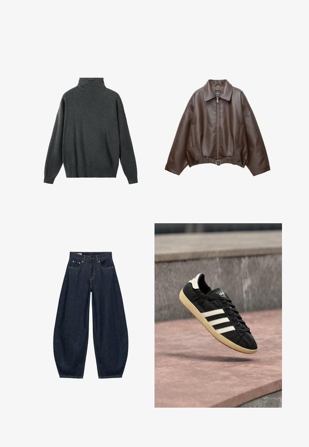 Veste courte en similicuir marron avec un large col, une fermeture éclair frontale, des poches latérales et une taille ceinturée. Texture lisse, coupe décontractée.; Pull à col roulé gris foncé en tissu doux, avec une coupe décontractée, des manches longues, et des poignets et ourlet côtelés. Texture lisse.; Jean en denim bleu foncé à jambes larges avec poches avant, passants de ceinture et fermeture par bouton à la taille.; Baskets Adidas noires avec des bandes blanches et une semelle beige, capturées en plein air au-dessus d'une surface en pierre et d'un mur en pierre en arrière-plan.