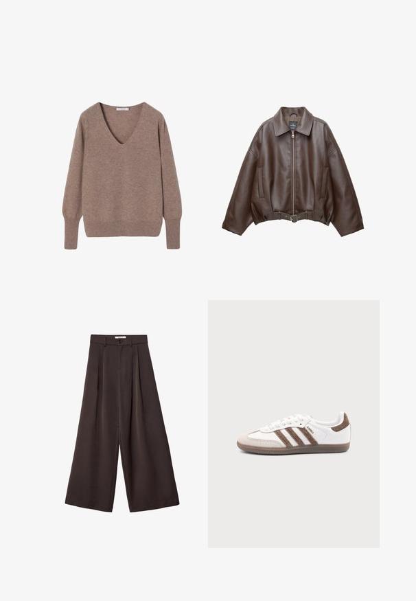 Veste courte en similicuir marron avec un large col, une fermeture éclair frontale, des poches latérales et une taille ceinturée. Texture lisse, coupe décontractée.; Pull à col en V, à manches longues, en tissu tricoté marron doux, avec une coupe décontractée et des poignets et un ourlet côtelés. Texture unie sans motifs.; Pantalon à jambes larges en tissu brun foncé, avec des plis, une fermeture par bouton, et une texture lisse ; longueur cheville avec une coupe ajustée.; Baskets Adidas Samba blanches avec des bandes en daim marron, semelle en caoutchouc marron et bout en daim beige, vues du côté extérieur sur un fond uni.