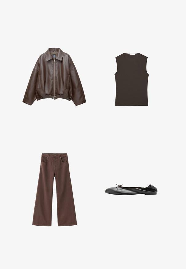 Veste courte en similicuir marron avec un large col, une fermeture éclair frontale, des poches latérales et une taille ceinturée. Texture lisse, coupe décontractée.; Débardeur sans manches brun foncé à col rond avec ourlet droit, présenté à plat sur un fond blanc.; Jean large marron en denim. Dispose de cinq poches, d'une fermeture éclair et de rivets en métal. Texture lisse et design classique.; Ballerine en cuir noir avec un petit nœud à l'avant et une couture arrière légèrement froncée, vue de profil sur fond blanc.