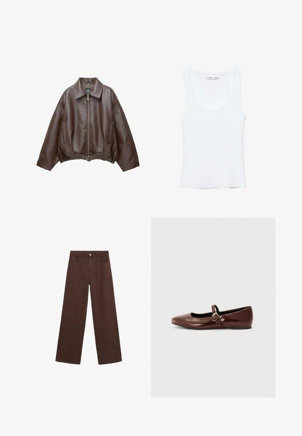 Braune, kurz geschnittene Jacke aus Kunstleder mit weitem Kragen, vorderem Reißverschluss, Seitentaschen und einem Taillengürtel. Glatte Textur, entspannte Passform.; Schlichtes weißes ärmelloses Tanktop mit Rundhalsausschnitt, aus weichem Stoff, Etikett im Kragen zeigt Marken- und Größenangaben.; Braune, weit geschnittene Hosen aus Denim mit Knopfverschluss, Gürtelschlaufen und Fronttaschen. Glatte Textur mit gleichmäßiger Farbgebung.; Braune Lackleder-Ballerinas mit quadratischer Zehenform und Riemen mit einer kleinen goldenen Schnalle. Glatte Textur, niedriger Absatz und minimalistisches Design.