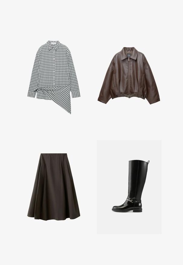 Veste courte en similicuir marron avec un large col, une fermeture éclair frontale, des poches latérales et une taille ceinturée. Texture lisse, coupe décontractée.; Chemise à manches longues à motif écossais vert et blanc, dotée d'un col classique et d'un détail noué sur le côté pour un design asymétrique.; Jupe noire trapèze à taille haute avec ourlet évasé, fabriquée en tissu lisse, présentée sur fond blanc.; Bottes noires montantes en cuir verni, avec un détail de boucle argentée à la cheville et une conception à bout arrondi. Semelle plate.
