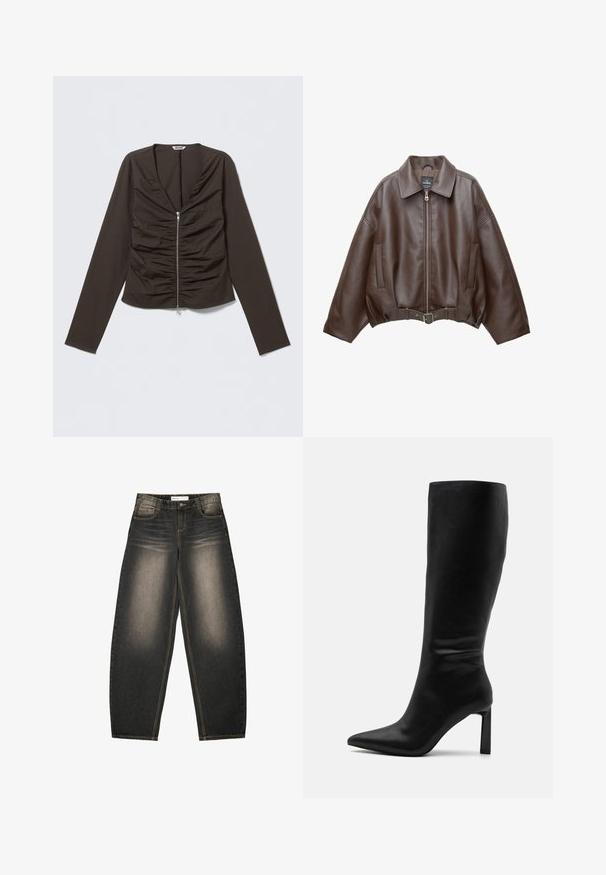 Veste courte en similicuir marron avec un large col, une fermeture éclair frontale, des poches latérales et une taille ceinturée. Texture lisse, coupe décontractée.; Blouse marron à manches longues avec un décolleté en V profond, un design froncé à l'avant, et une fermeture éclair centrale. Fabriquée en tissu lisse et ajusté.; Jeans en denim gris à jambes larges avec un léger délavage, cinq poches, des coutures en contraste et une coupe décontractée. Pas de motifs ou d'embellissements visibles.; Even&Odd Bottes - black