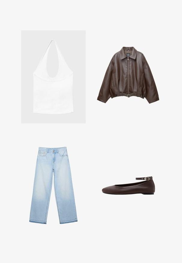 Veste courte en similicuir marron avec un large col, une fermeture éclair frontale, des poches latérales et une taille ceinturée. Texture lisse, coupe décontractée.; Haut blanc sans manches à encolure américaine, avec un profond col rond et une taille cintrée, présenté sur un fond clair et uni.; Jean bleu clair à jambes larges avec cinq poches et fermeture par bouton, présenté à plat sur fond blanc.; Chaussure plate marron foncé avec bout arrondi et bride de cheville réglable avec boucle argentée sur fond blanc.