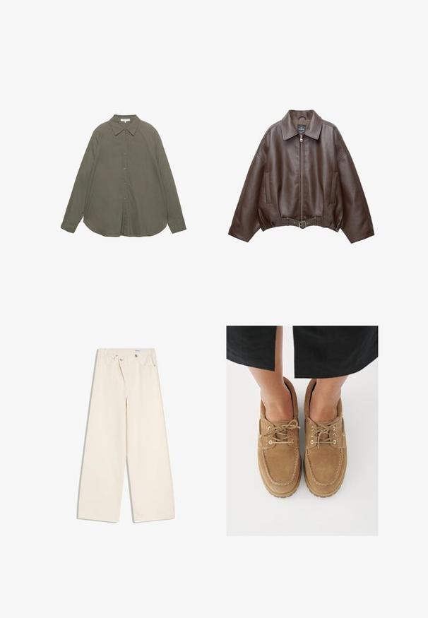Veste courte en similicuir marron avec un large col, une fermeture éclair frontale, des poches latérales et une taille ceinturée. Texture lisse, coupe décontractée.; Chemise boutonnée à manches longues de couleur vert olive avec col pointu et manches retroussées, posée à plat sur un fond blanc.; Pantalon large couleur écru avec poches avant, passants pour ceinture, et boutons argentés sur la ceinture et les bords des poches.; Chaussures en daim marron à bout rond, avec des lacets texturés et des œillets dorés, sur un fond clair.
