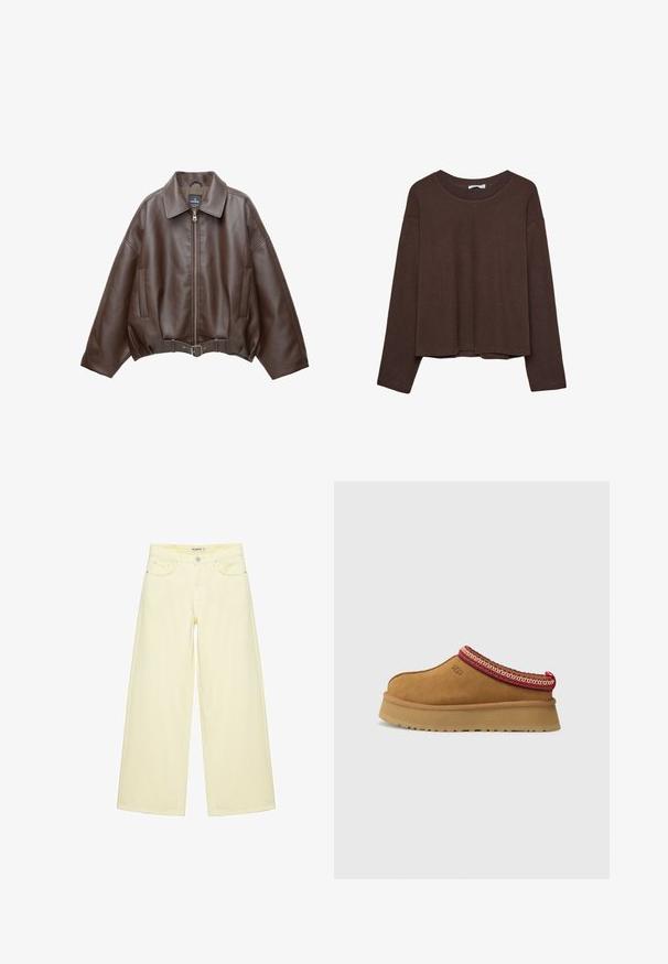 Veste courte en similicuir marron avec un large col, une fermeture éclair frontale, des poches latérales et une taille ceinturée. Texture lisse, coupe décontractée.; Pull marron à coupe décontractée, col côtelé et manches longues. Texture lisse avec un ourlet arrondi et sans motifs ni accents visibles.; Jean large couleur crème avec poches avant, passants de ceinture et fermeture par bouton à la taille.; Chaussure slip-on en daim marron avec un bord en rouge et crème à motifs, semelle texturée et logo UGG sur le côté. Présente une légère hauteur de plateforme.