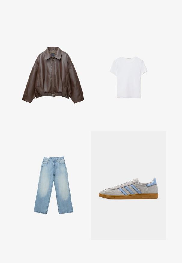 Braune, kurz geschnittene Jacke aus Kunstleder mit weitem Kragen, vorderem Reißverschluss, Seitentaschen und einem Taillengürtel. Glatte Textur, entspannte Passform.; Weißes kurzärmliges T-Shirt aus weichem Stoff. Hat einen runden Halsausschnitt und ein einfaches, sauberes Design mit geradem Saum.; Hellblaue Denim-Jeans mit weitem Bein, ausgewaschenen Bereichen an den vorderen Oberschenkeln, Fünf-Taschen-Design und Knopfverschluss in der Taille.; Grau Wildleder Sneaker mit hellblauen Streifen, gummiertem Sohlenmaterial und Logo-Akzenten. Niedriges Design mit runder Zehenform und Schnürverschluss.