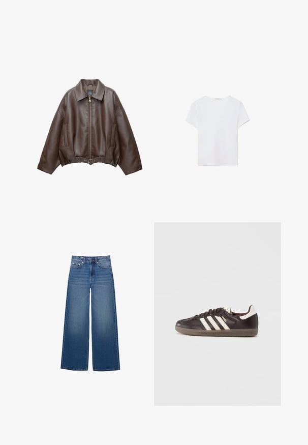 Brun kort jakke i imiteret læder med bred krave, lynlås foran, sidelommer og bælte i taljen. Glat tekstur, afslappet pasform.; Hvid kortærmet t-shirt lavet af blødt stof. Har en rund halsudskæring og et simpelt, rent design med en lige underkant.; Vidde-ben denimjeans i en mellemblå vask, med høj talje, fem-lomme design og syningsdetaljer langs sømmene.; Mørkebrune lædersneakers med hvidt tre-stribet design, en gummisål og "Samba" i gyldne bogstaver på siden. Klassisk lavtopform.