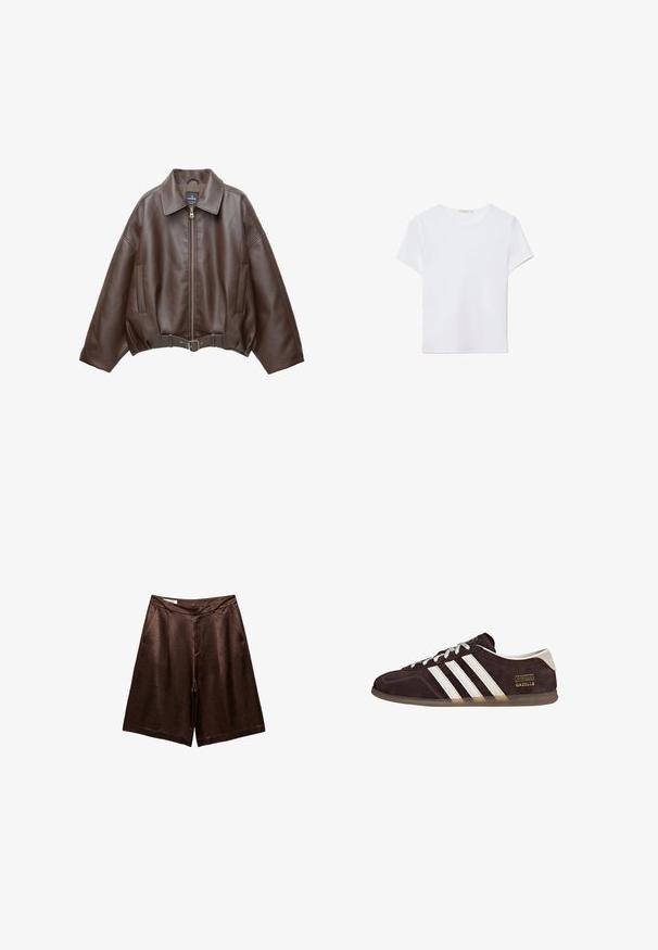 Veste courte en similicuir marron avec un large col, une fermeture éclair frontale, des poches latérales et une taille ceinturée. Texture lisse, coupe décontractée.; T-shirt blanc à manches courtes en tissu doux. Dispose d'un col rond et d'un design simple et épuré avec un ourlet droit.; Shorts mi-longues en satin brun avec poches avant, ceinture et fermeture cachée à l'avant, présentés sur fond blanc.; Baskets en suède marron avec trois bandes blanches, semelle en caoutchouc, et étiquette avec le texte "Gazelle" en or. Fermeture à lacets avec lacets gris.