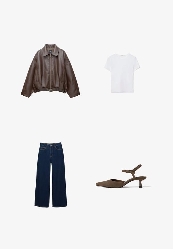 Veste courte en similicuir marron avec un large col, une fermeture éclair frontale, des poches latérales et une taille ceinturée. Texture lisse, coupe décontractée.; T-shirt blanc à manches courtes en tissu doux. Dispose d'un col rond et d'un design simple et épuré avec un ourlet droit.; Jean large à jambes larges bleu foncé en denim ; doté de poches avant et d'une fermeture à bouton ; coutures apparentes le long des coutures ; sans motifs ni ornements.; Escarpin slingback en daim marron à bout pointu, talon bas kitten et bride ajustable à la cheville, photographié sur fond blanc.