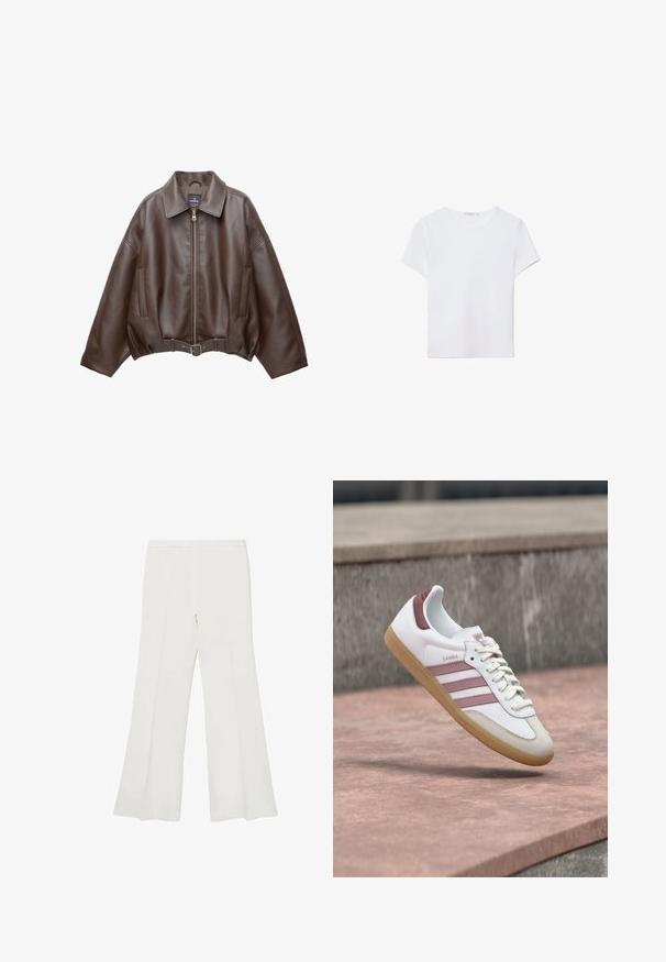 Brun kort jakke i imiteret læder med bred krave, lynlås foran, sidelommer og bælte i taljen. Glat tekstur, afslappet pasform.; Hvid kortærmet t-shirt lavet af blødt stof. Har en rund halsudskæring og et simpelt, rent design med en lige underkant.; Hvide flagrende bukser med en glat tekstur og rene linjer, udstyret med en mellemhøj talje og uden synligt hardware eller mønstre.; Hvid og pink Adidas Samba sneaker med gummisål, der svæver over en stenoverflade med en sløret stenvæg i baggrunden.