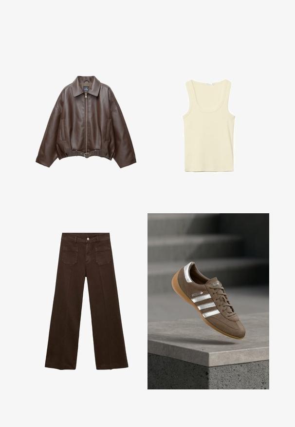 Veste courte en similicuir marron avec un large col, une fermeture éclair frontale, des poches latérales et une taille ceinturée. Texture lisse, coupe décontractée.; Débardeur sans manches couleur crème avec encolure dégagée et coutures simples, présenté sur un fond blanc.; Jeans larges marron en denim, avec une taille haute, deux poches arrière et une fermeture à bouton à l'avant. Texture lisse, forme droite.; Baskets en daim marron avec des rayures blanches et des accents argentés, dotées d'une tige texturée, d'un système de laçage et d'une semelle en caoutchouc gomme.