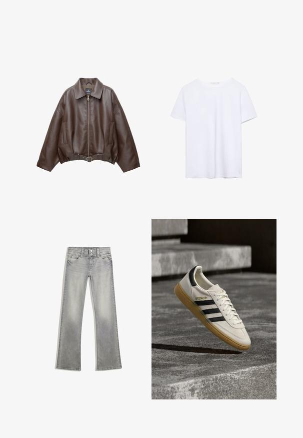 Brun kort jakke i imiteret læder med bred krave, lynlås foran, sidelommer og bælte i taljen. Glat tekstur, afslappet pasform.; Simpel hvid kortærmet t-shirt med rund hals og lige kant, præsenteret på en hvid baggrund.; Grå denim flared jeans med en afdæmpet finish, der har en knaplukning, fem lommer og syet detaljering langs taljebåndet og kanten.; Hvid Adidas Spezial sneaker med sorte striber og gummisål, svævende over grå stentrin udendørs.