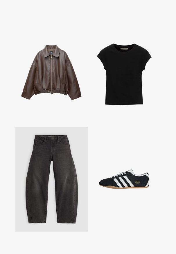 Brun kort jakke i imiteret læder med bred krave, lynlås foran, sidelommer og bælte i taljen. Glat tekstur, afslappet pasform.; Sort T-shirt med korte ærmer og rund halsudskæring. Fremstillet af glat, elastisk bomuldsstof. Simpelt design uden mønstre eller grafik.; Sorte denim jeans med en afslappet pasform, der har fem lommer, knaplukning og subtil fading. Stoffet har en glat, robust tekstur.; Sort ruskinds sneaker med hvide tre striber, guldlogo og en brun gummisål. Har et lavprofil snørebåndsdesign.