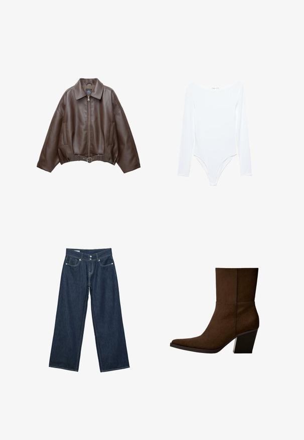 Veste courte en similicuir marron avec un large col, une fermeture éclair frontale, des poches latérales et une taille ceinturée. Texture lisse, coupe décontractée.; Body blanc à manches longues avec un large décolleté bateau et des ouvertures de jambe échancrées, présenté sur un fond blanc uni.; Jeans en denim bleu foncé à jambes larges avec fermeture à double bouton, poches avant et surpiqûres contrastantes sur fond blanc.; Bottine en suède marron avec un orteil pointu et un talon épais, présentant un design minimaliste et une texture lisse sur fond blanc.