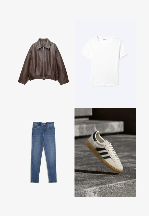 Brun kort jakke i imiteret læder med bred krave, lynlås foran, sidelommer og bælte i taljen. Glat tekstur, afslappet pasform.; Ensfarvet hvid t-shirt med korte ærmer og rund halsudskæring med en lille "WEEKDAY" label indeni halskanten, vist fladt på en lys baggrund.; Blå denim jeans med høj talje, slim fit, forlommer, lynlås og kontrasterende syninger. Struktureret design med en glat overflade.; Hvid Adidas Spezial sneaker med sorte striber og gummisål, svævende over grå stentrin udendørs.