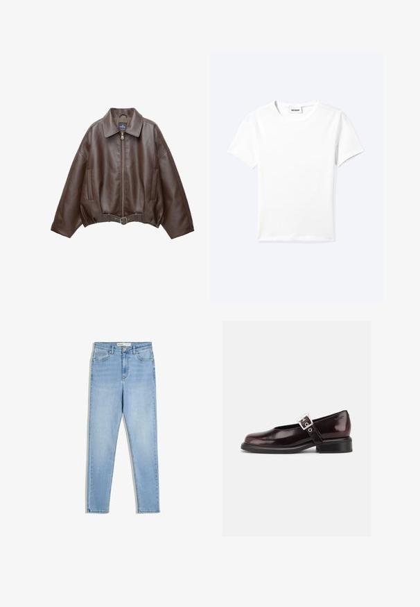 Braune, kurz geschnittene Jacke aus Kunstleder mit weitem Kragen, vorderem Reißverschluss, Seitentaschen und einem Taillengürtel. Glatte Textur, entspannte Passform.; Einfaches weißes T-Shirt mit kurzen Ärmeln und Rundhalsausschnitt sowie kleinem "WEEKDAY"-Etikett im Nacken, flach auf einem hellen Hintergrund präsentiert.; Hellblaue Jeans aus Denim mit hoher Taille, schmalem Bein, Fronttaschen und Reißverschluss. Der Stoff weist eine dezente, ausgebleichte Waschung auf.; Ein einzelner glänzender dunkelburgunder Mary Jane Schuh mit breitem Riemen und silberner Schnalle, niedrigem Blockabsatz und abgerundeter Spitze auf weißem Hintergrund.