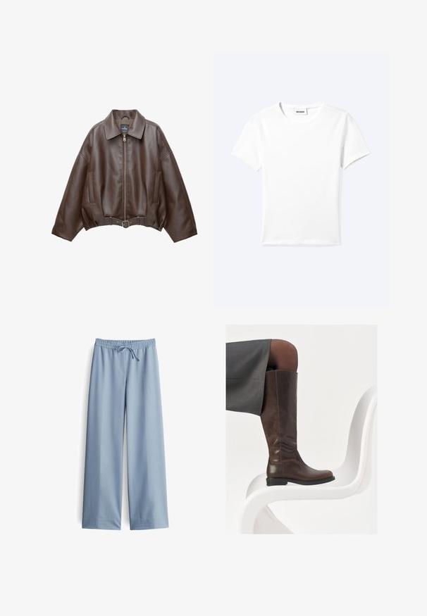 Bruine jack van imitatieleer, kort model, met een brede kraag, ritssluiting aan de voorkant, zijzakken en een tailleband met ceintuur. Gladde textuur, ontspannen pasvorm.; Effen wit T-shirt met korte mouwen en ronde hals met een klein "WEEKDAY" label aan de binnenkant van de hals, plat neergelegd op een lichte achtergrond.; Lichtblauwe wijde broek gemaakt van een gladdige stof, met een elastische tailleband en een trekkoord, zonder zichtbare zakken of extra details.; Bruine leren knie-hoge laars met een ronde neus, een soepele textuur en minimale stikseldetails, tegen een lichte achtergrond op een witte stoel.
