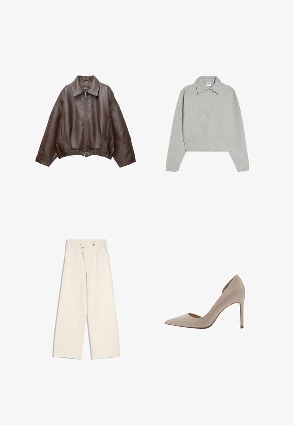 Veste courte en similicuir marron avec un large col, une fermeture éclair frontale, des poches latérales et une taille ceinturée. Texture lisse, coupe décontractée.; Pull-over gris clair à manches longues avec col large et patte à quatre boutons, étiqueté Bershka, présenté à plat sur un fond blanc.; Pantalon large couleur écru avec poches avant, passants pour ceinture, et boutons argentés sur la ceinture et les bords des poches.; Pompe à talon haut en cuir verni beige avec un bout pointu, des flancs découpés peu profonds et un talon mince. Texture lisse avec une finition brillante.