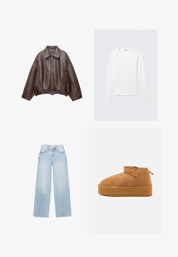 Bruine jack van imitatieleer, kort model, met een brede kraag, ritssluiting aan de voorkant, zijzakken en een tailleband met ceintuur. Gladde textuur, ontspannen pasvorm.; Effen wit shirt met lange mouwen en ronde hals, slim fit, afgebeeld tegen een lichtgrijze achtergrond.; Lichtgewassen, wijd uitlopende jeans van denim. Heeft een hoge taille, vijf zakken en een ritssluiting met knoopsluiting. Licht beschadigde textuur.; Bruine suède enkellaarzen met een ronde neus, laag uitgesneden ontwerp en een gestructureerde rubberen zool met een lichte plateauzool en een trekhaak.