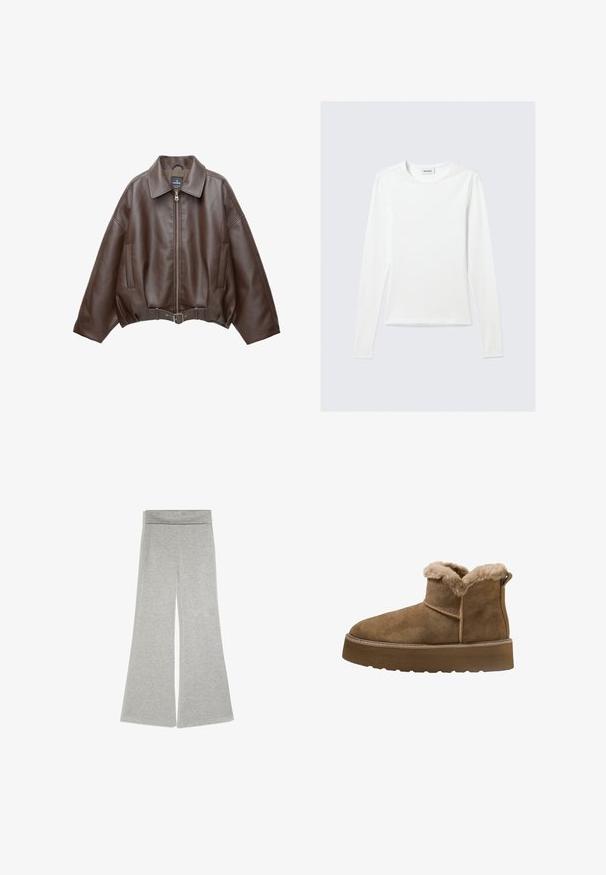 Bruine jack van imitatieleer, kort model, met een brede kraag, ritssluiting aan de voorkant, zijzakken en een tailleband met ceintuur. Gladde textuur, ontspannen pasvorm.; Effen wit shirt met lange mouwen en ronde hals, slim fit, afgebeeld tegen een lichtgrijze achtergrond.; Lichtgrijze wijde broek met een hoge tailleband, gemaakt van zacht, rekbaar materiaal, plat gelegd op een witte achtergrond.; Bruine suède enkellaarzen met een nepbontvoering, ronde neus en een dikke plateauzool; heeft een gestikte naad en een trekband aan de achterkant.