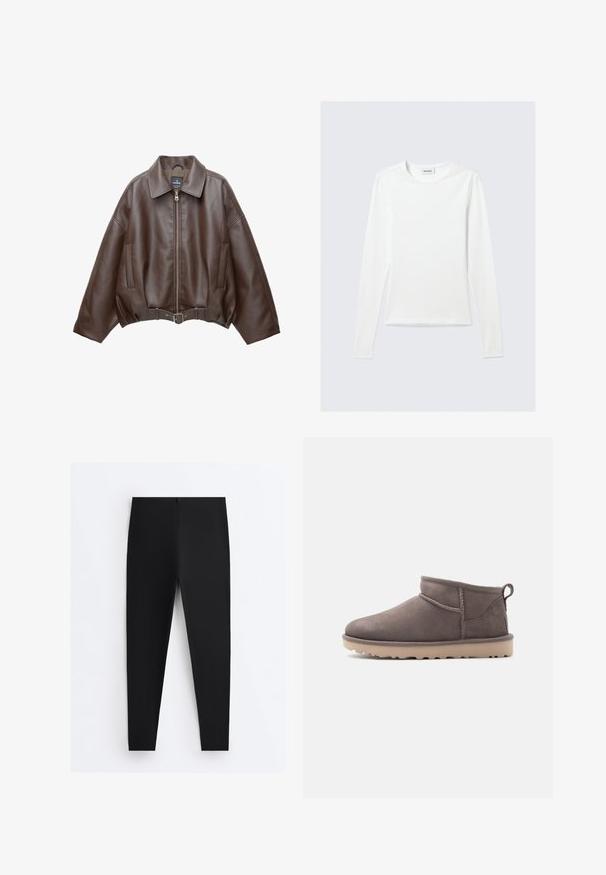 Bruine jack van imitatieleer, kort model, met een brede kraag, ritssluiting aan de voorkant, zijzakken en een tailleband met ceintuur. Gladde textuur, ontspannen pasvorm.; Effen wit shirt met lange mouwen en ronde hals, slim fit, afgebeeld tegen een lichtgrijze achtergrond.; Zwarte nauwsluitende leggings met een hoge taille en gladde stof, plat gelegd tegen een witte achtergrond.; Lage, bruin suède instapschoen met een textuurrijke zool en trekkoord op een effen achtergrond.