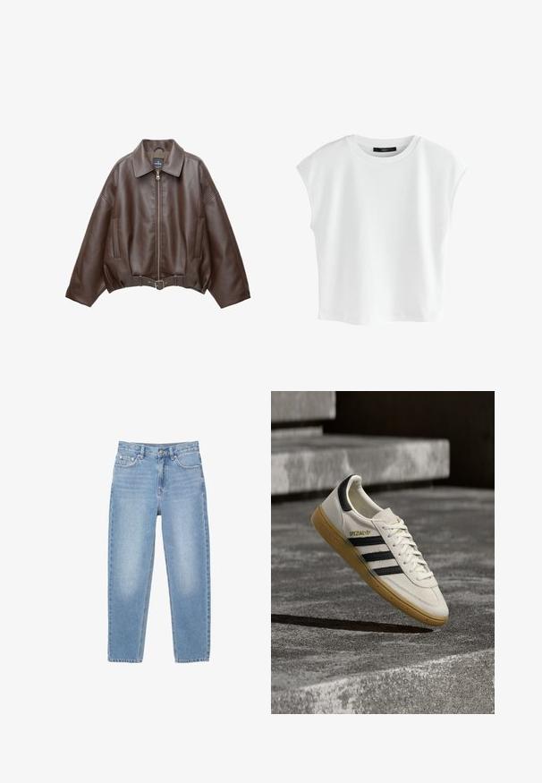 Bruine jack van imitatieleer, kort model, met een brede kraag, ritssluiting aan de voorkant, zijzakken en een tailleband met ceintuur. Gladde textuur, ontspannen pasvorm.; Wit kort mouw, cropped T-shirt gemaakt van zacht katoen, met een ronde halslijn en een losse pasvorm, zonder zichtbare patronen of accenten.; Lichtblauwe denim jeans met een rechte snit, vijf zakken en een ritssluiting aan de voorkant. De stof vertoont een lichte vervaging en heeft een gladde textuur.; Witte Adidas Spezial sneaker met zwarte strepen en gumzool, zwevend boven grijze stenen trappen buiten.