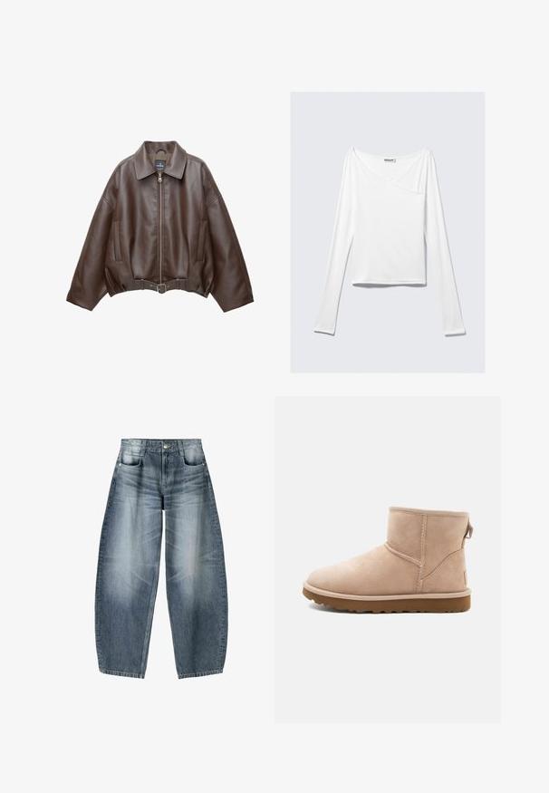Veste courte en similicuir marron avec un large col, une fermeture éclair frontale, des poches latérales et une taille ceinturée. Texture lisse, coupe décontractée.; Haut blanc à manches longues avec un design croisé et une poche. Fabriqué dans un tissu lisse et extensible. Coupé dans une coupe décontractée et ample.; Jean large en denim bleu clair avec décoloration, présentant un design à cinq poches, un bouton de fermeture et des détails de couture minimaux.; Bottine en daim beige à bout arrondi, avec des accents cousus et une semelle en caoutchouc brun texturé. Elle se distingue par une languette à l'arrière.