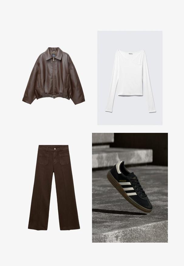 Braune, kurz geschnittene Jacke aus Kunstleder mit weitem Kragen, vorderem Reißverschluss, Seitentaschen und einem Taillengürtel. Glatte Textur, entspannte Passform.; Weißes Langarmoberteil mit einem Überlappungsdesign und einer Tasche. Hergestellt aus einem glatten, elastischen Material. In einem lässigen, entspannten Schnitt.; Braune weit geschnittene Jeans aus Denim, mit hoher Taille, zwei Gesäßtaschen und einem vorderen Knopfverschluss. Glatte Textur, gerade Form.; Schwarzer Adidas-Sneaker mit weißen Streifen und Gummisohle schwebt über grauen Betonstufen im natürlichen Licht.