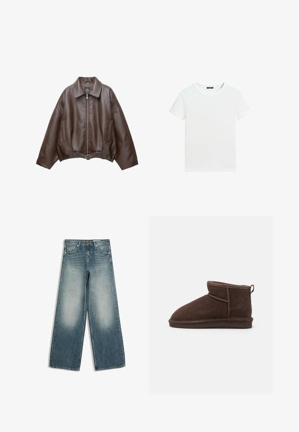 Veste courte en similicuir marron avec un large col, une fermeture éclair frontale, des poches latérales et une taille ceinturée. Texture lisse, coupe décontractée.; T-shirt blanc uni à manches courtes avec un col rond et une petite étiquette noire à l’intérieur du col.; Jean large bleu avec zones avant des cuisses délavées, poches avant, passants de ceinture et fermeture par bouton.; Bianco BIASNOW - Boots à talons - dark brown