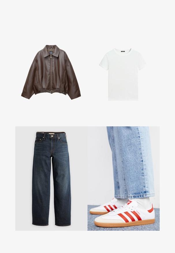 Braune, kurz geschnittene Jacke aus Kunstleder mit weitem Kragen, vorderem Reißverschluss, Seitentaschen und einem Taillengürtel. Glatte Textur, entspannte Passform.; Schlichtes weißes T-Shirt mit kurzen Ärmeln, rundem Halsausschnitt und einem kleinen schwarzen Etikett innen am Kragen.; Dunkelblaue Jeans aus Denim mit einem geraden Bein-Design, Fünf-Taschen-Stil und Steppnähten sowie einem Knopfverschluss.; Weiße Leder Sneaker mit roten Streifen und Akzenten. Verfügt über eine strukturierte Gummi-Laufsohle und einen gepolsterten Schaft. Tragen mit hellblauer Jeans.
