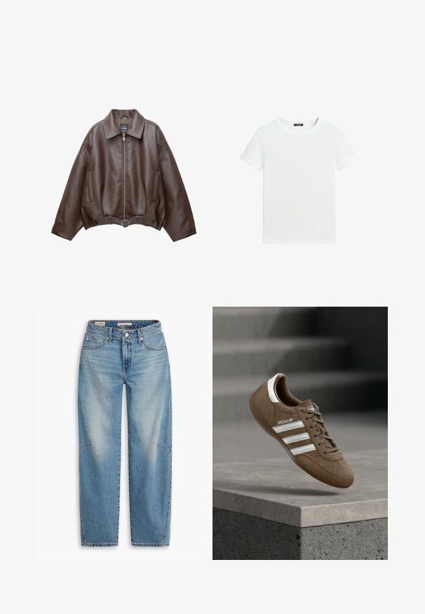 Bruine jack van imitatieleer, kort model, met een brede kraag, ritssluiting aan de voorkant, zijzakken en een tailleband met ceintuur. Gladde textuur, ontspannen pasvorm.; Effen wit T-shirt met korte mouwen, een ronde hals en een klein zwart labeltje aan de binnenkant van de kraag.; Lichtblauwe spijkerbroek van denim met een losse pasvorm, rechte pijpen, een knoopsluiting en vijf zakken, voorzien van subtiele vervaging en stikseldetails.; Bruine suède Adidas Spezial sneaker met witte strepen en veters, zwevend boven een grijze betonnen richel tegen een vervaagde trap op de achtergrond.
